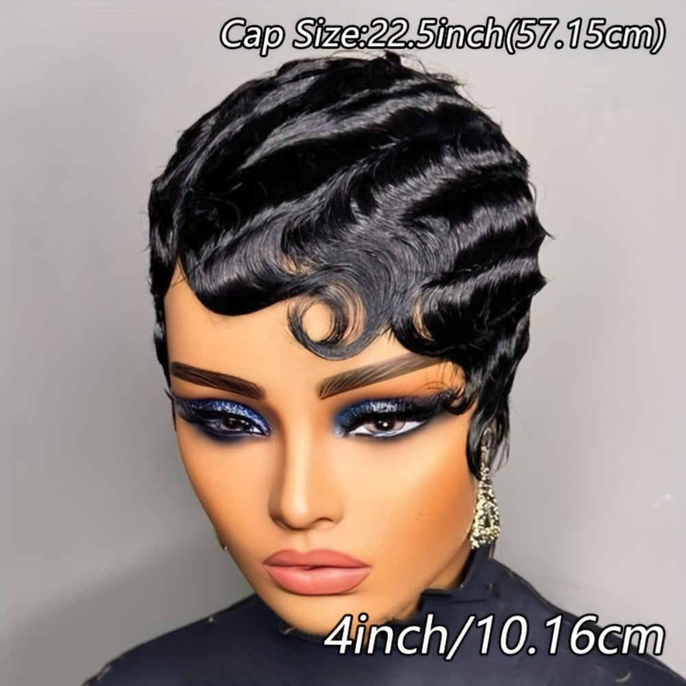 Short Human Hair Pixie Cut Wig Finger Wave Deep Ocean Wave Brazilian Virgin 180% Density Rose Net Cap 1B 613 Blonde Women Party Daily Wear