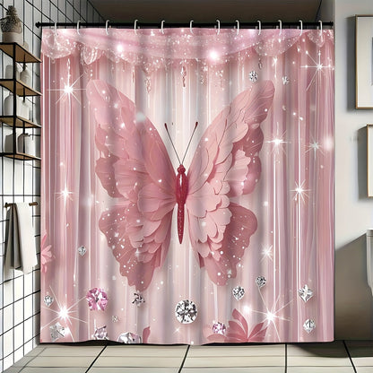 Shower Curtain Set Diamond Butterfly Print 70.8x70.8 Inch - 4 Piece Bathroom Set with U-Shape Toilet Seat Cover Non-Slip Rug 12 Hooks Machine Washable | Cyan Purple Pink | All Season Bathroom Decor