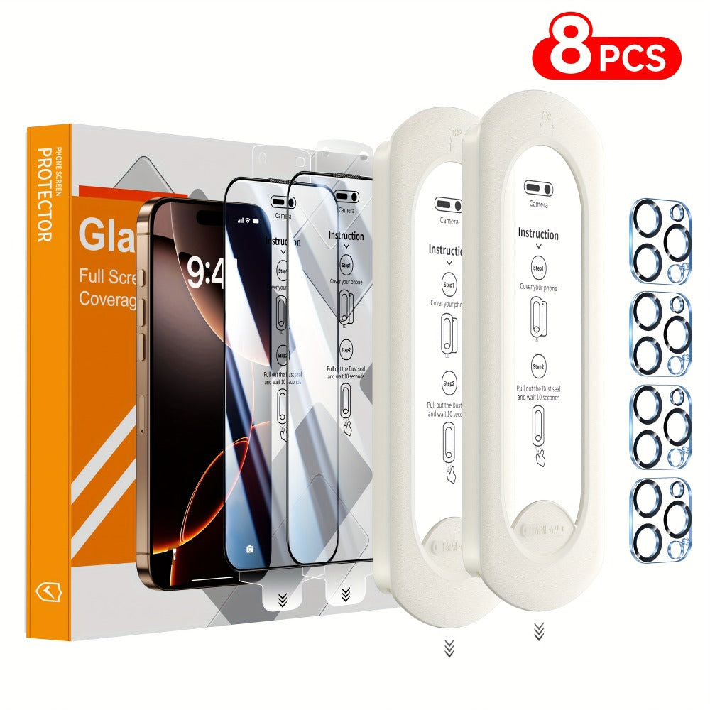 Screen Protector, 8-Piece iPhone Tempered Glass Set with Four Screen Films, Four Camera Lens Covers and Alignment Tools
