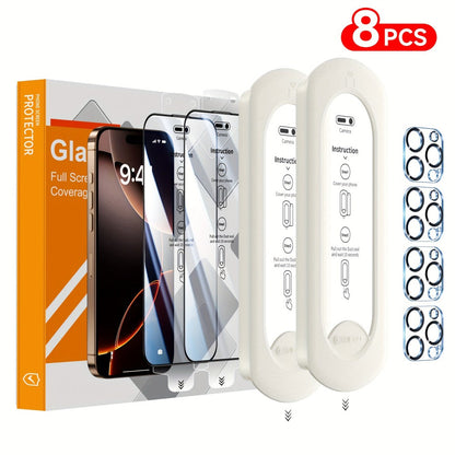 Screen Protector, 8-Piece iPhone Tempered Glass Set with Four Screen Films, Four Camera Lens Covers and Alignment Tools