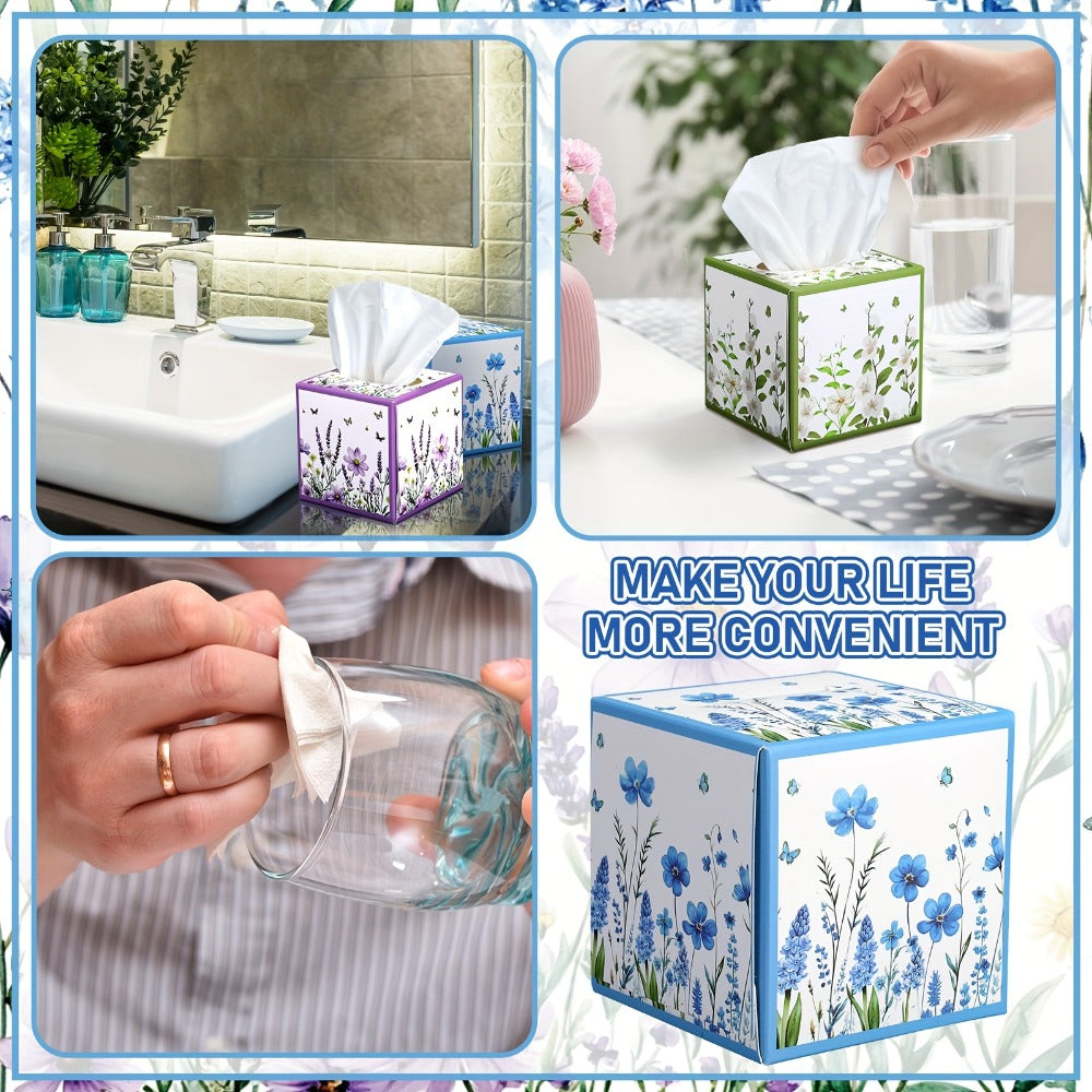 12-Pack Cube Facial Tissue Boxes with 600 Total Three-Ply Sheets and Assorted Floral Designs for Home or Office