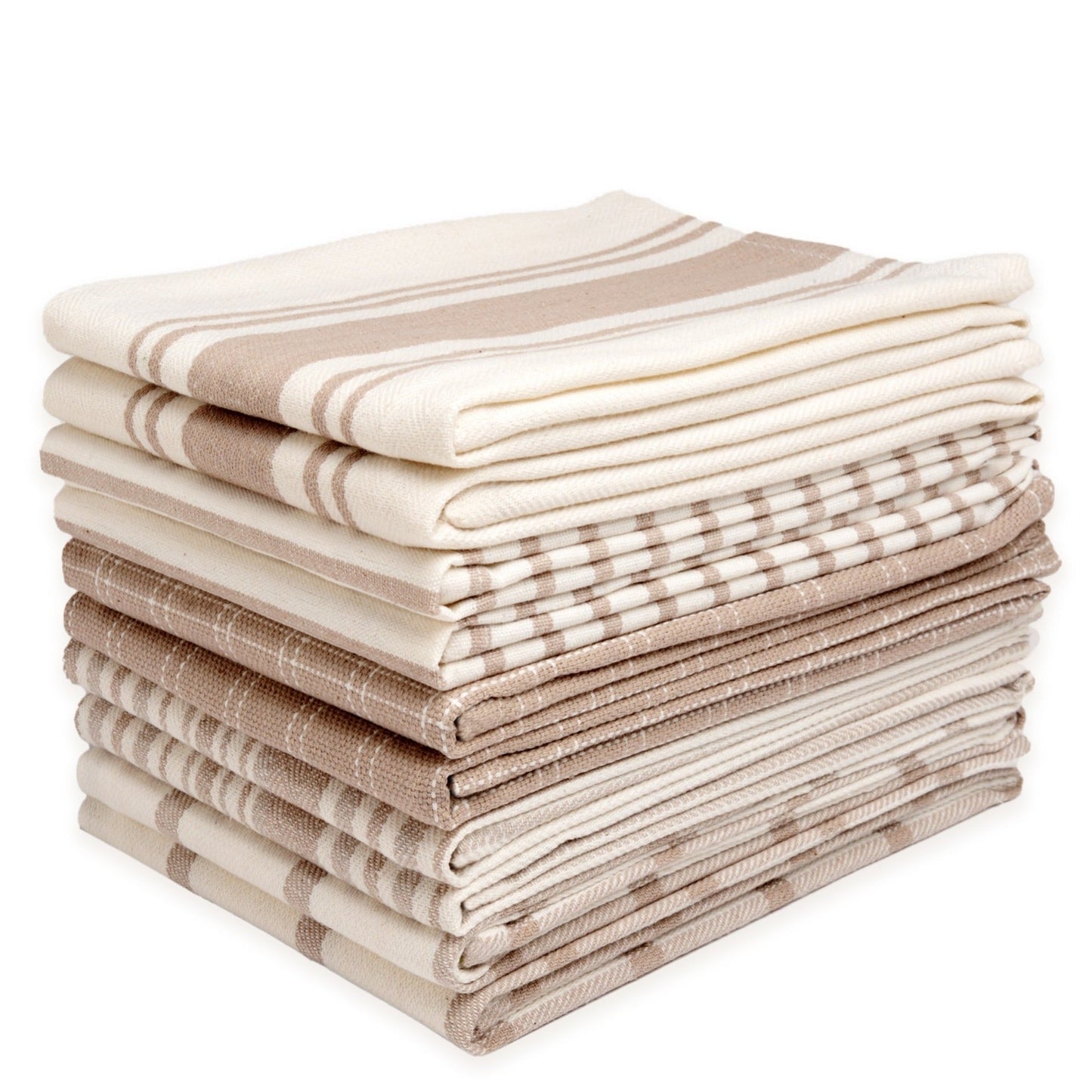 Ten-Pack Cotton Flat-Weave Kitchen Towel Set with Stripe, Check and Solid-Border Designs in Nine Colors