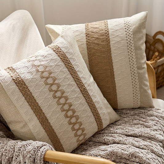 Throw Pillow Covers 2 Pack Boho Geometric Brown Beige 18x18 – Bohemian Decorative Pillow Cases with Zipper Closure – Soft Polyester Cushion Covers for Sofa Couch Bedroom Living Room Boho Home Decor