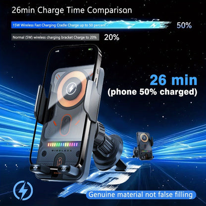 Car Wireless Charger 15W Auto-Align Smart Sensor FOD Detection Auto-Sensing Infrared Clamp 4mm Case Friendly Rotating Air Vent Mount for iPhone 17 16 15 14 Pro Max, Samsung Galaxy S24 S23 & All Qi Devices – Wired Backup Included