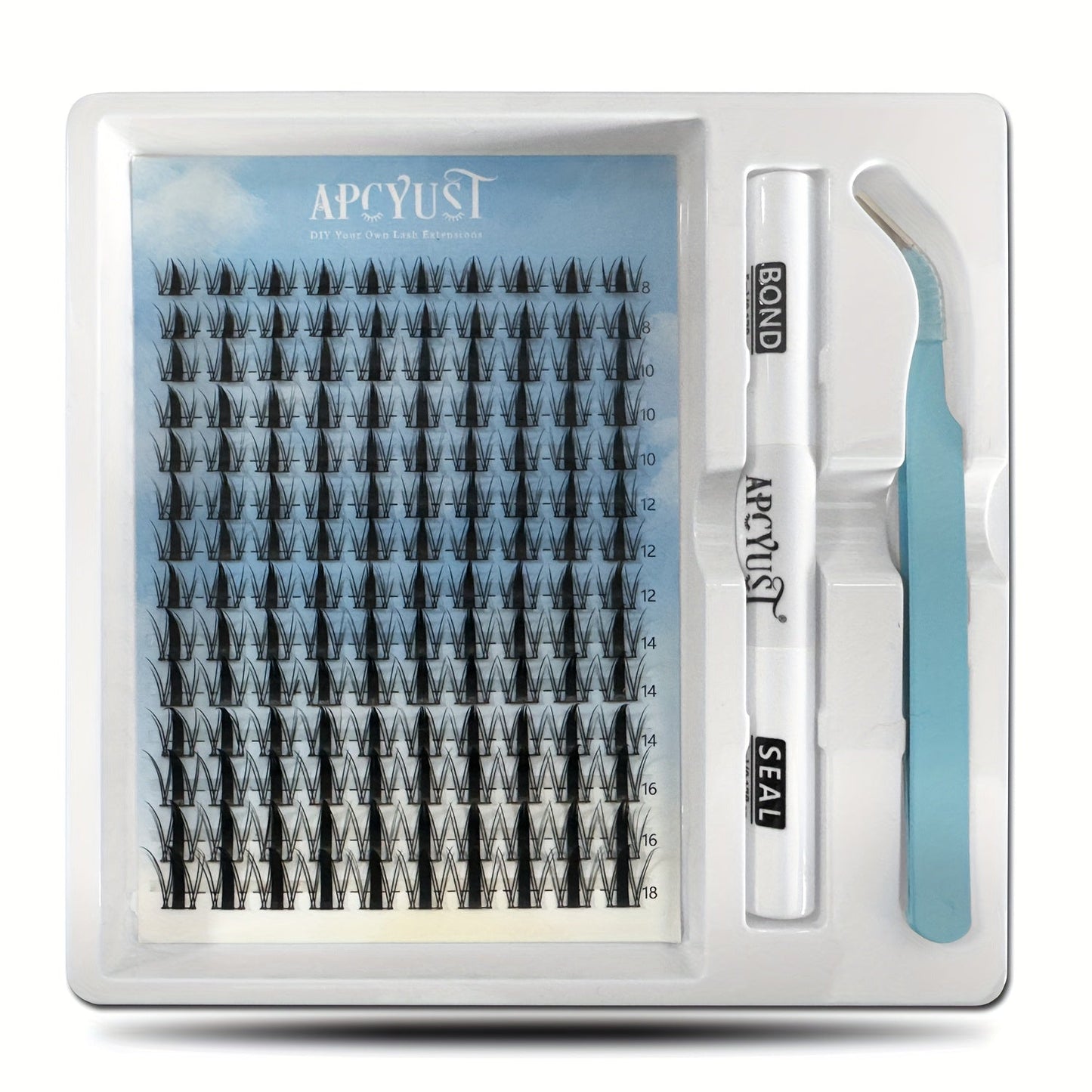 C-Curl Spike Lash Extension Kit with 140 Clusters in Mixed 8-18mm Lengths, Adhesive Tube and Curved Applicator