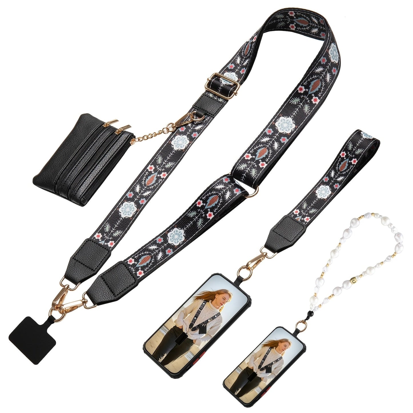 Phone Lanyard Crossbody Strap with Zipper Pouch, Beaded Charm and Five Exact Printed or Solid Styles
