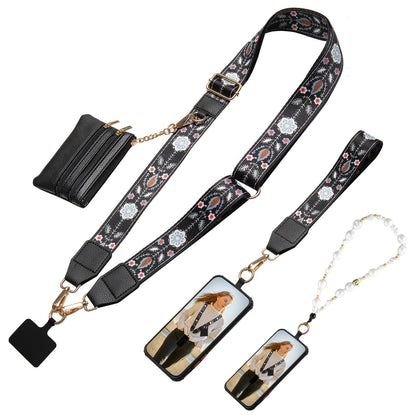 Phone Lanyard Crossbody Strap with Zipper Pouch, Beaded Charm and Five Exact Printed or Solid Styles