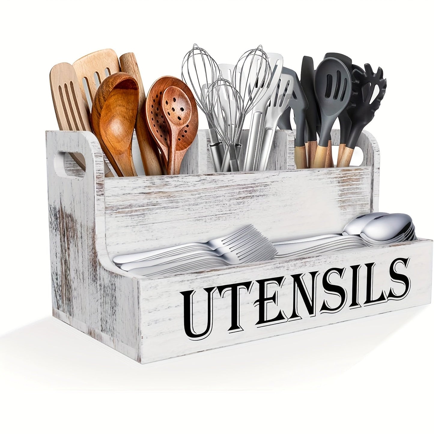 Utensil Holder Kitchen Organizer with Four Wood Compartments, Countertop Shelf and White or Black Finish