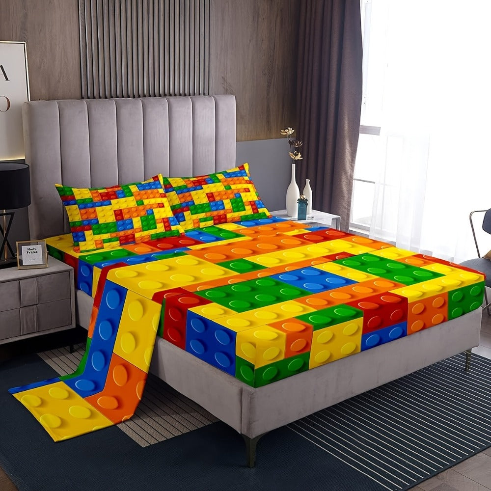 Bed Sheet Set 3- or 4-Piece Colorful Building Block Print with Four Sizes and Machine-Washable Care