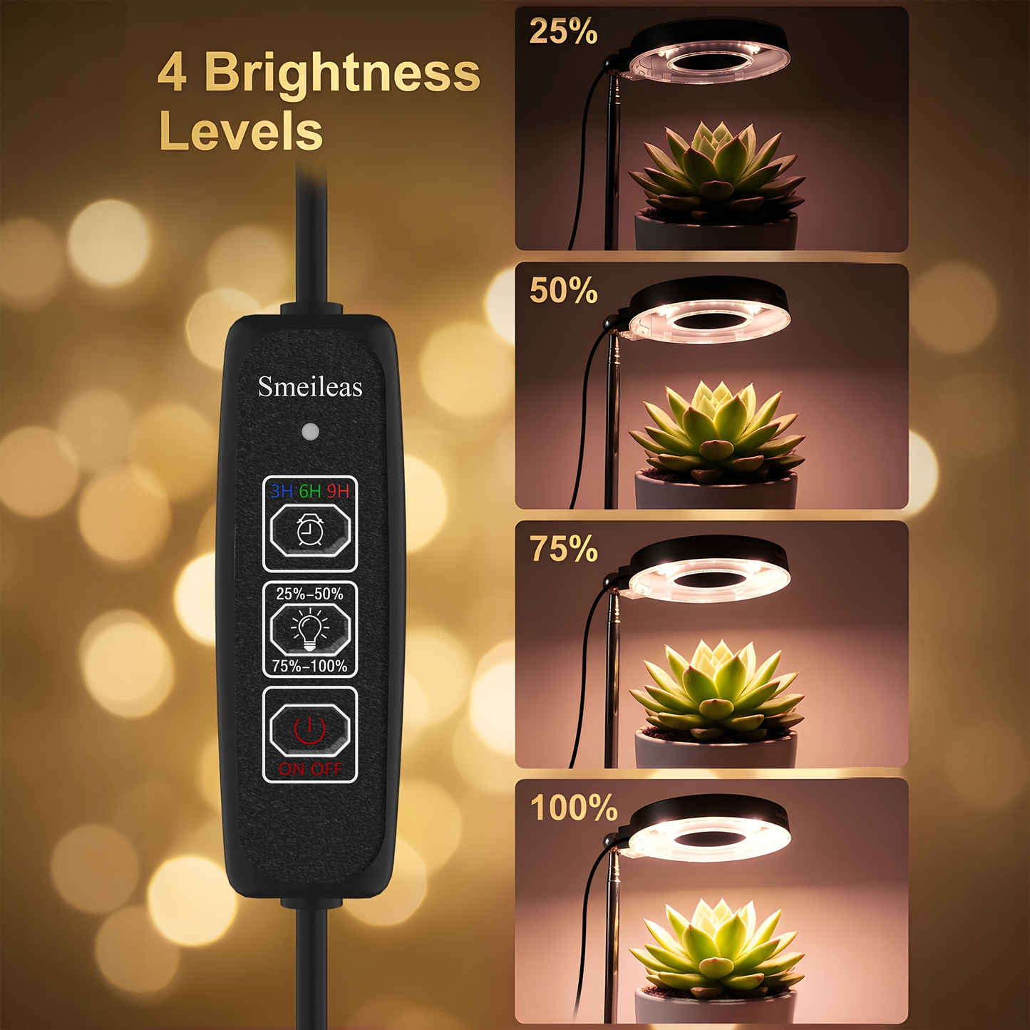 Grow Light for Indoor Plants 4-Head Full Spectrum | 720° Rotatable Retractable Pole 4 Dimming Modes Auto Timer 3/6/9H USB | Desktop Potted Plants