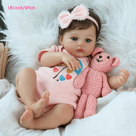 Reborn Doll, Soft-Body Sleeping Figure with Hand-Painted Details, Purple Bows and Floral Outfit