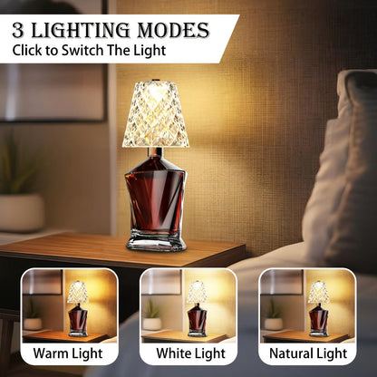 Rechargeable LED Bottle Table Lamp 2 Pack - Crystal Acrylic Wine Bottle Design, 2000mAh Cordless, 3 Color Modes, Ambient Night Light for Bedroom, Dining Table, Bar & Home Decor