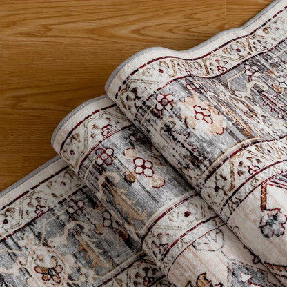 Area Rug Bohemian Retro Design in Beige or Grey with Six Foldable Machine-Washable Room Sizes