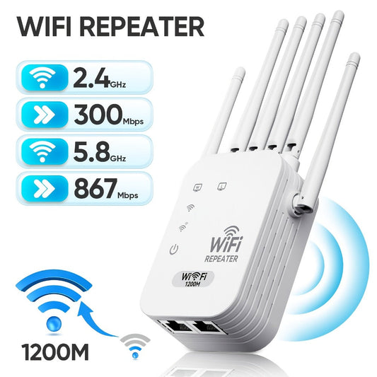WiFi Range Extender 1200Mbps WiFi 6 Dual-Band 2.4/5.8GHz with Six Antennas and White Wall-Plug Design