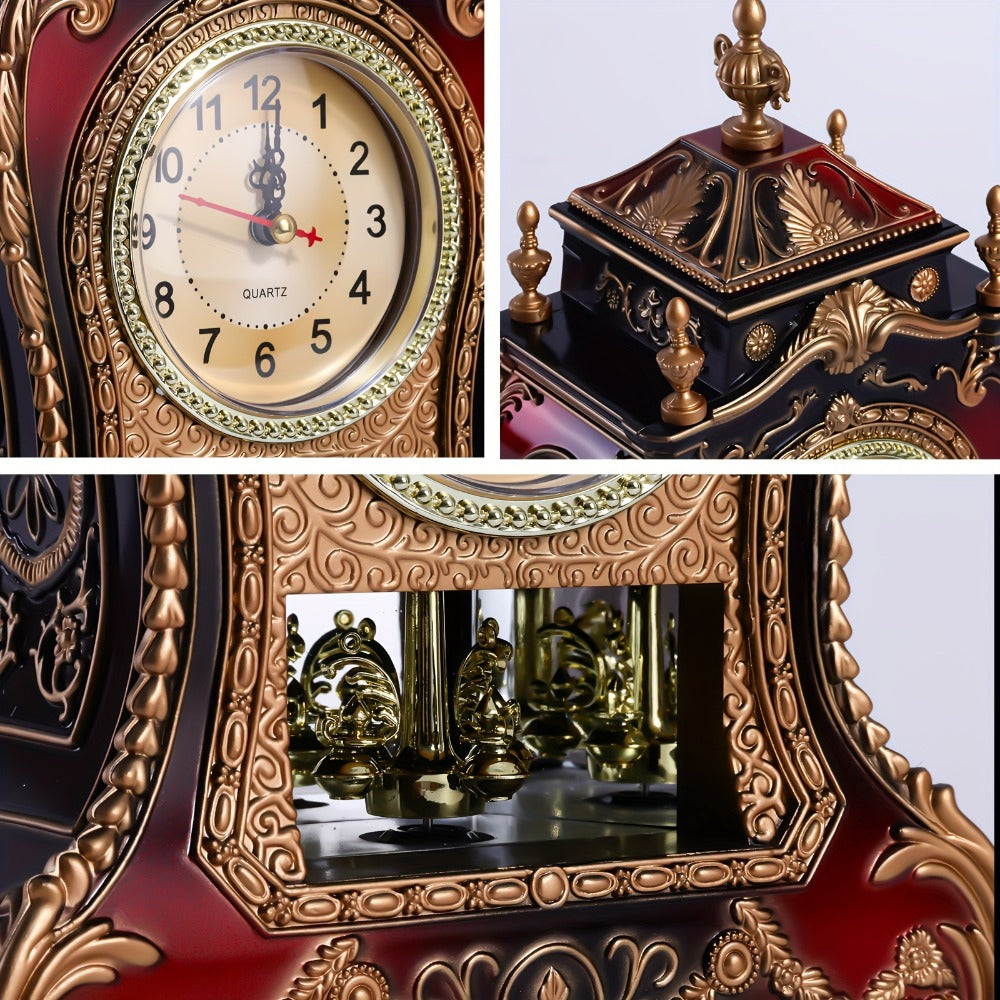 Ornate Brown-Red Tabletop Alarm Clock with Analog Dial, Decorative Pendulum Window and 14-Inch Height