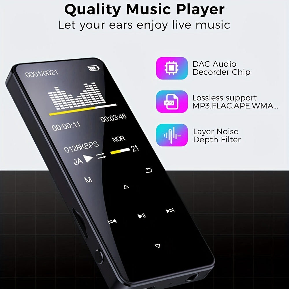 Bluetooth 5.0 Touchscreen MP3 Player with FM Radio, Voice Recorder and 128GB Card Support in Black