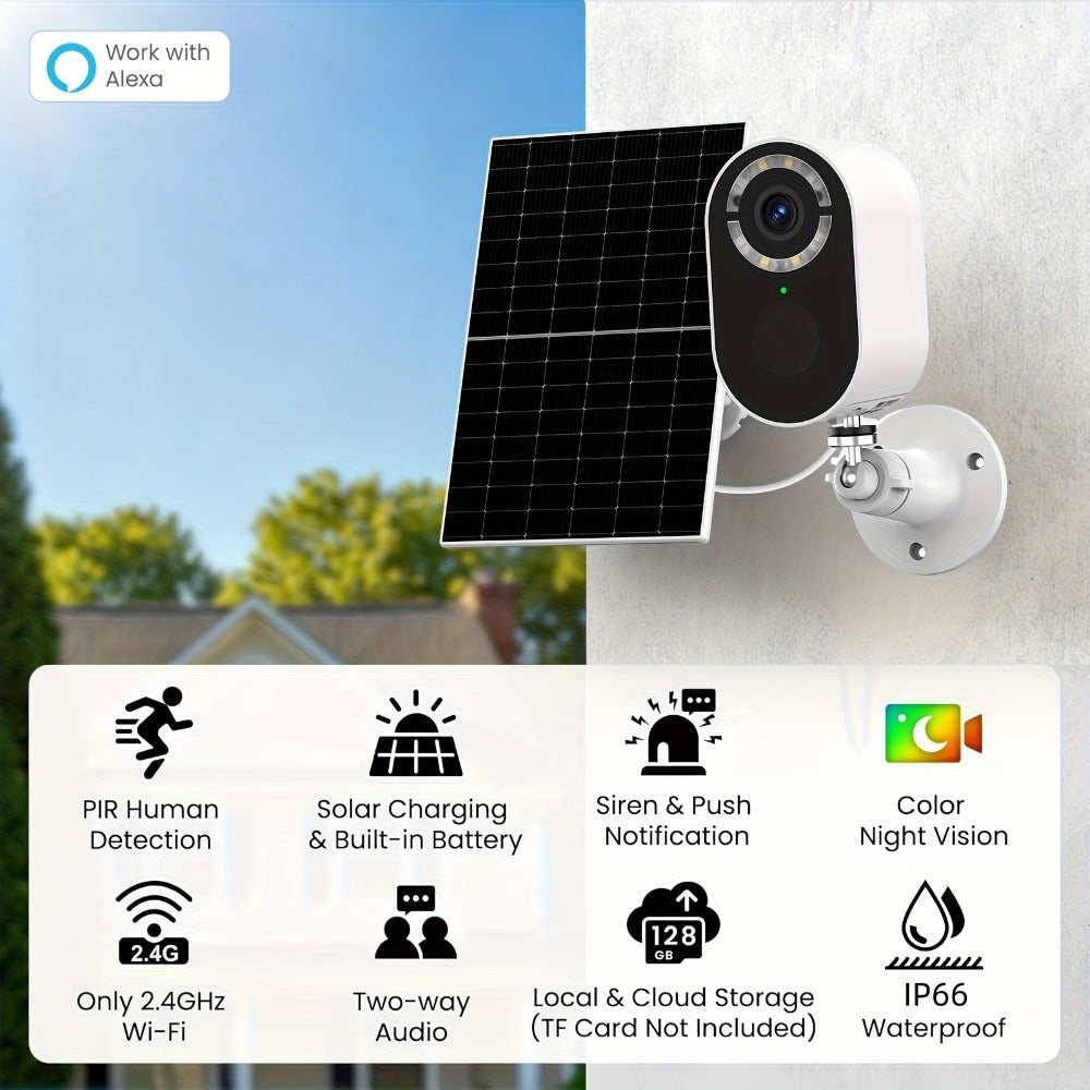 Security Camera 2K Solar Outdoor Model with Color Night Vision, Two-Way Audio, Human-Figure Alarm and Four Bundles
