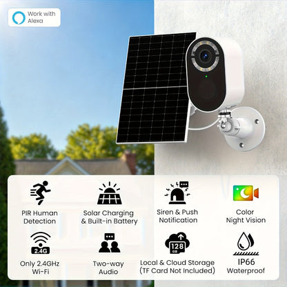 Security Camera 2K Solar Outdoor Model with Color Night Vision, Two-Way Audio, Human-Figure Alarm and Four Bundles