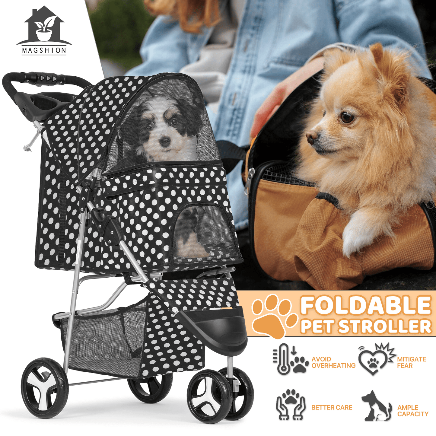 Pet Jogger Stroller 3-Wheel for Small & Medium Dogs & Cats up to 33 lbs - Foldable Oxford Waterproof Dog Cat Pram with 360° Swivel Wheels, Shock Absorber, Rear Brakes, Cup Holder & Storage Basket, 11 Colors