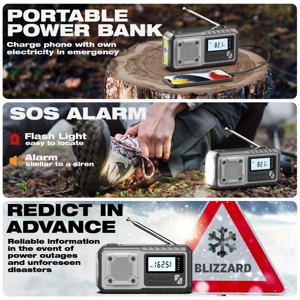 5000mAh Digital AM/FM/NOAA Emergency Radio with Solar Panel, Hand Crank, Reading Light and Three Colors