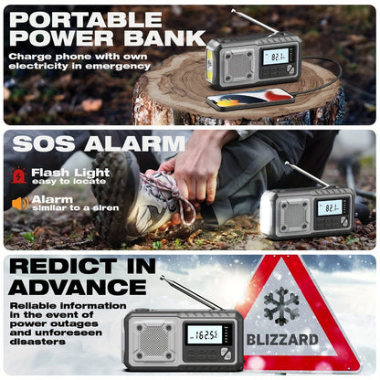 5000mAh Digital AM/FM/NOAA Emergency Radio with Solar Panel, Hand Crank, Reading Light and Three Colors