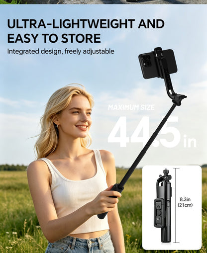 Black Selfie Stick Tripod with Telescoping Pole, Rotating Phone Clamp, Fold-Out Base and Remote