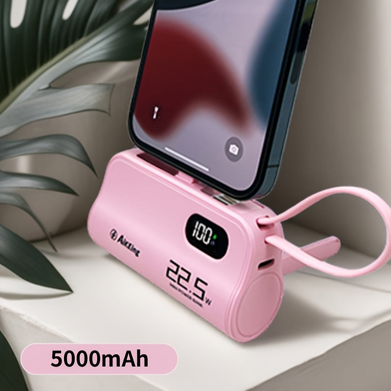 Mini Capsule Power Bank 5000mAh 22.5W Fast Charging Portable Charger Dual USB-C USB-A Pocket Sized for iPhone Android Samsung Travel Everyday Carry Black Pink Purple