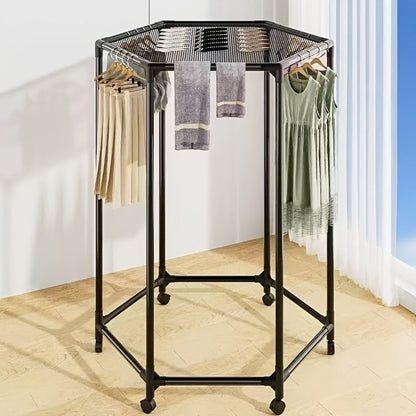 Rotating Hexagonal Garment Rack with Six-Sided Hanging Frame, Casters and Black or White Mesh-Bag Options