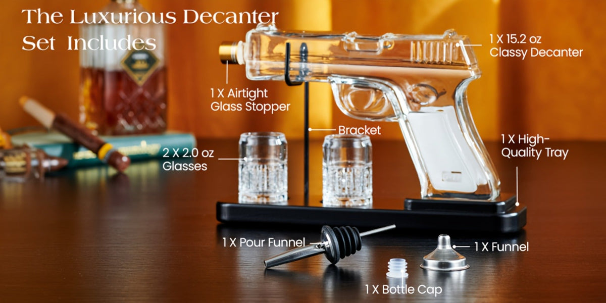 Pistol Whiskey Decanter Set with 2 Shot Glasses, Cool Liquor Dispenser Gift for Him, Husband, Dad