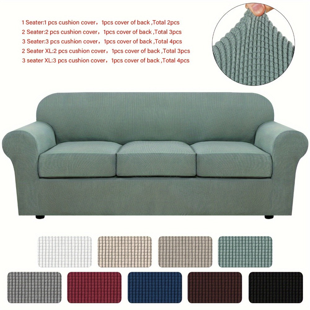 Sofa Cover Grid Jacquard Elastic Full-Cover Slipcover with Anti-Slip Fit for 1 to 3 Seats and XL Sofas