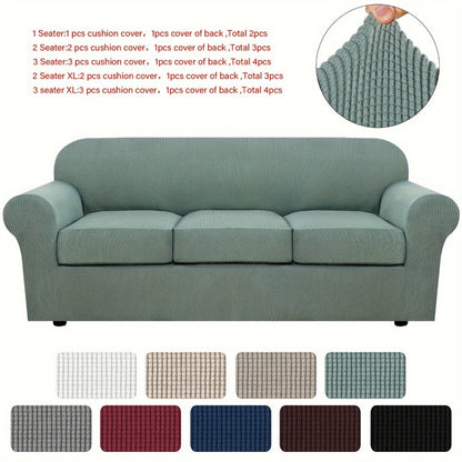 Sofa Cover Grid Jacquard Elastic Full-Cover Slipcover with Anti-Slip Fit for 1 to 3 Seats and XL Sofas