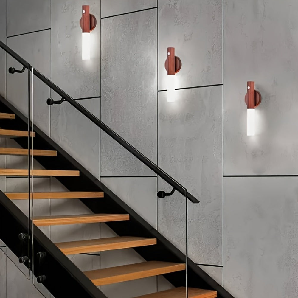 Motion Night Light Rechargeable LED – IPX4 Waterproof Wood Grain & Walnut Under Cabinet Step Lamp for Staircase, Hallway, Wardrobe, Closet & Indoor Walls (2 or 4 Pack)