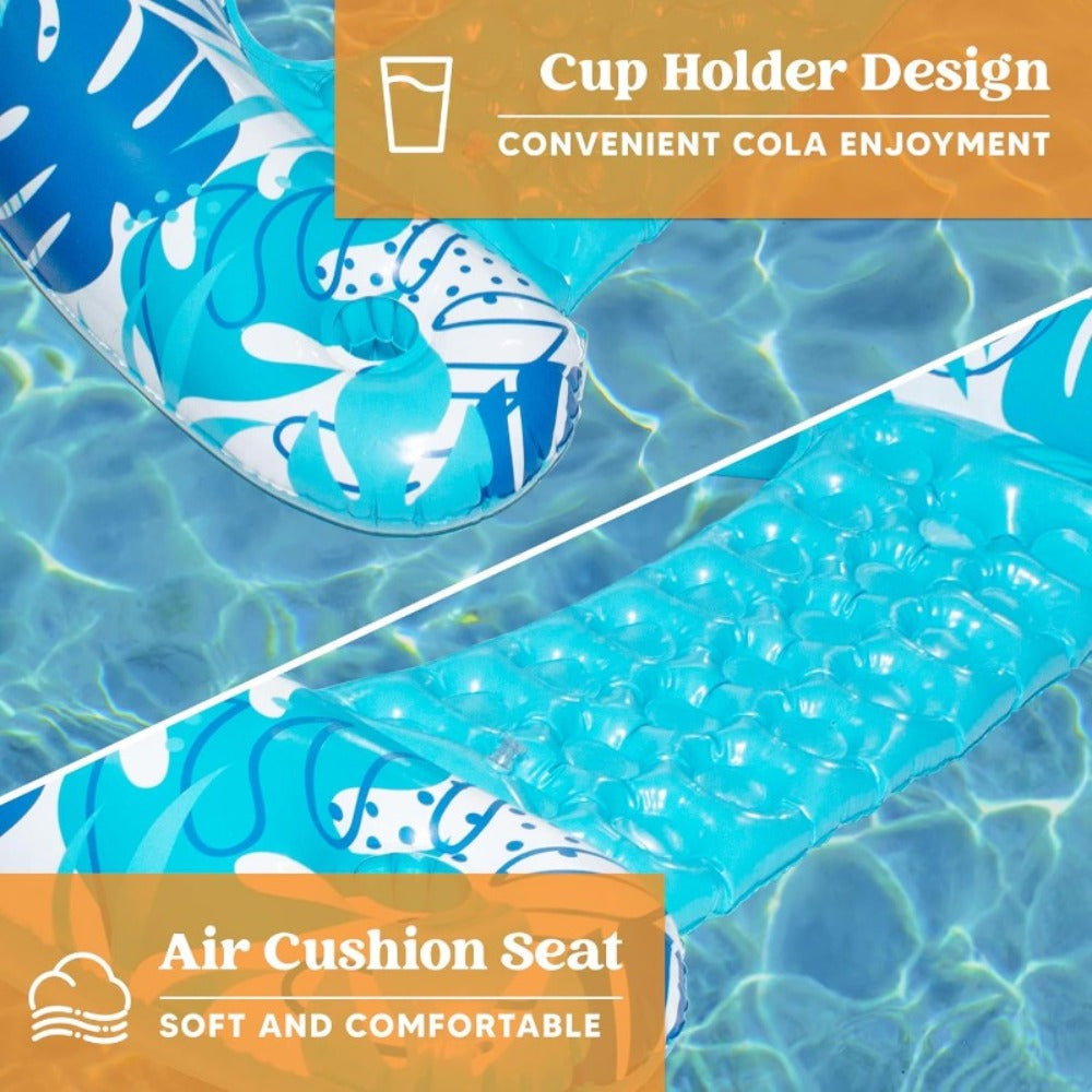 Leaf Print Inflatable Pool Chair Pair with Cup Holders, Blue and Pink 49 x 35 Inch Seats for Adult Lounging