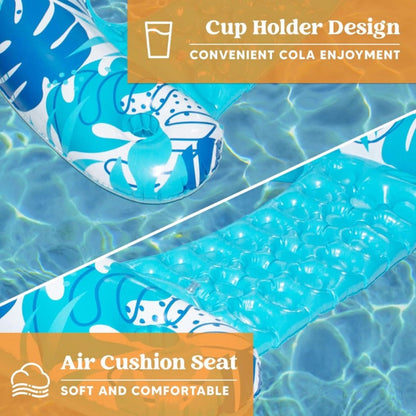 Leaf Print Inflatable Pool Chair Pair with Cup Holders, Blue and Pink 49 x 35 Inch Seats for Adult Lounging
