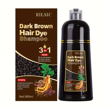 Hair Color Shampoo, RILSIC 3-in-1 500ml Pump Bottle with Black, Brown, Chestnut and Dark Brown Options