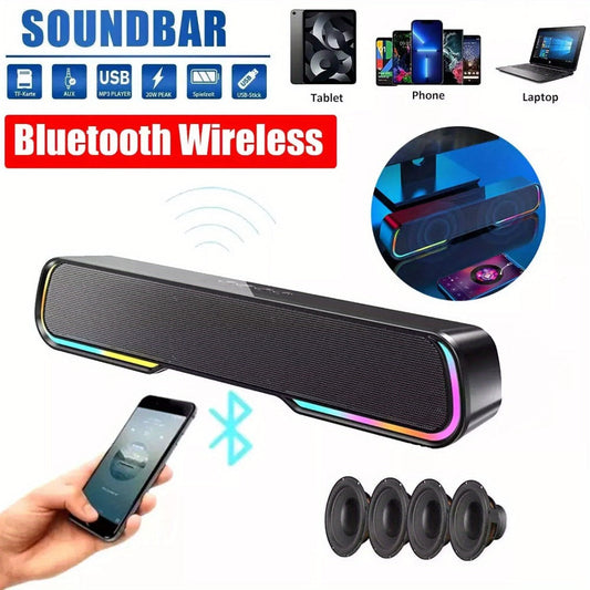 HiFi Soundbar with Subwoofer and RGB Lights, Bluetooth 5.0 Home Theater Speaker, FM Radio TF Card USB AUX TWS, Surround Sound for TV PC Laptop Gaming Console Smartphone Tablet