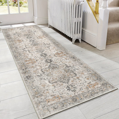 Runner Rug Machine Washable Non-Slip Vintage Hallway Area Rug Low Pile Lightweight Boho Floral for Entryway Kitchen Corridor Light Taupe Brown