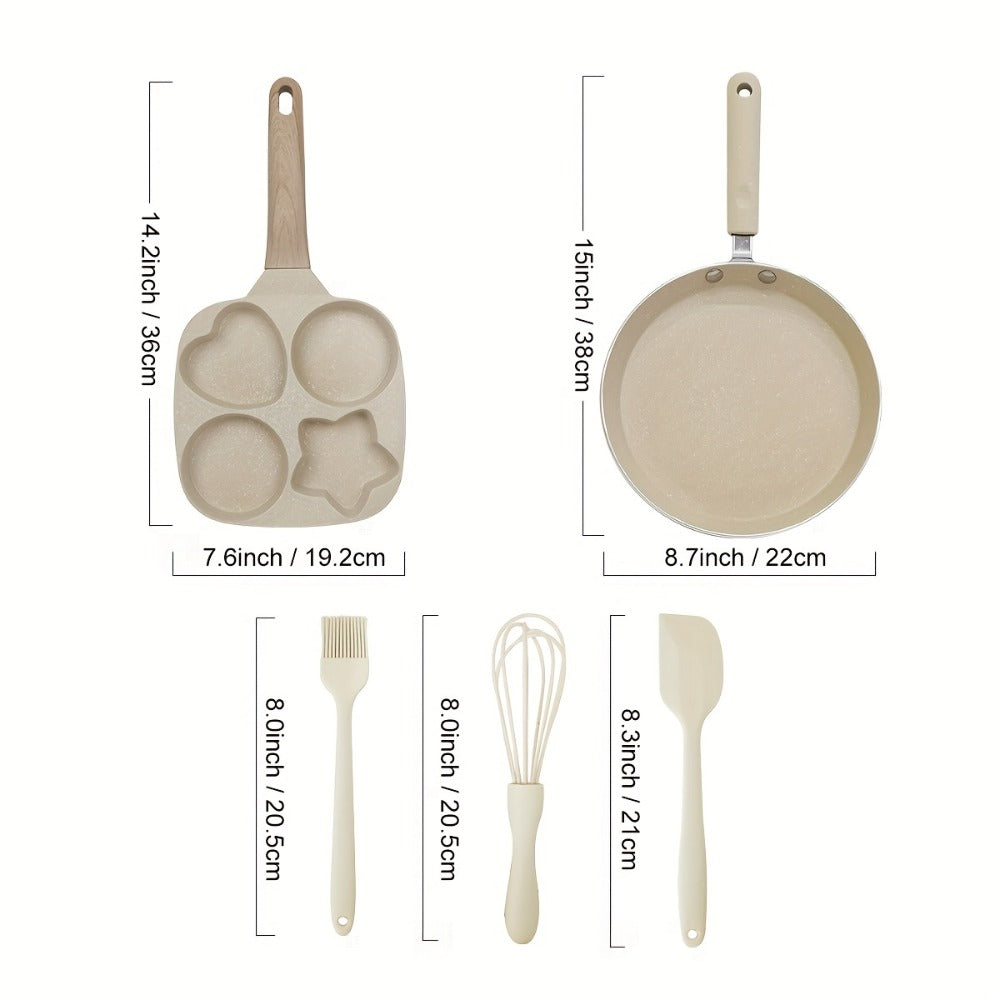 Cookware Set ABKOK 5-Piece Beige Frying Pan, Divided Breakfast Pan, Whisk, Brush and Spatula