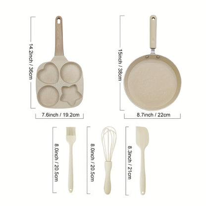 Cookware Set ABKOK 5-Piece Beige Frying Pan, Divided Breakfast Pan, Whisk, Brush and Spatula