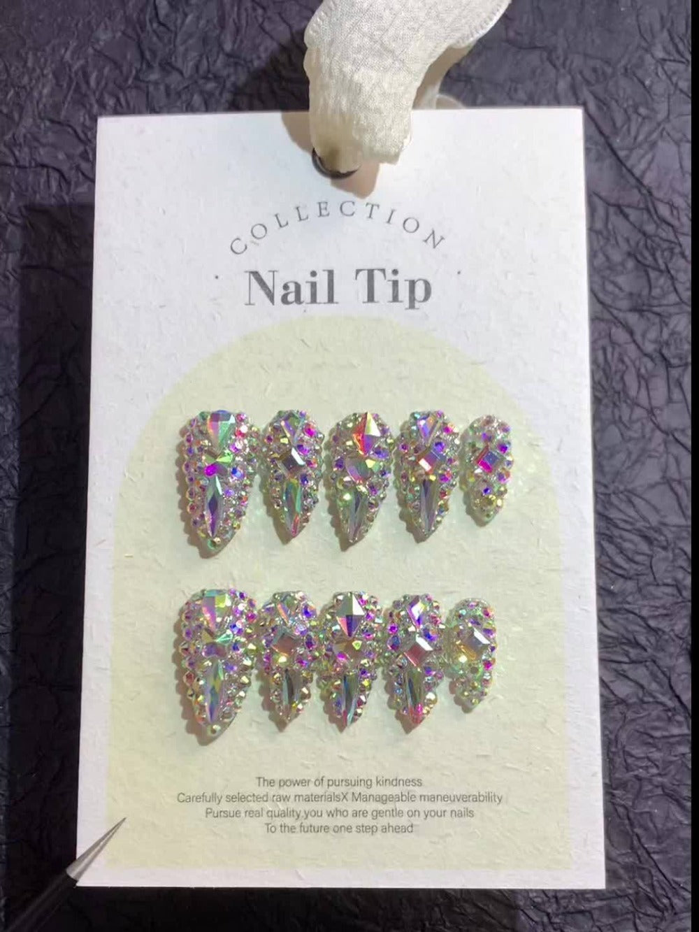 Press On Nails 10-Piece Medium Almond Glitter Color-Block Set with AB Crystal Rhinestones and Tool Kit