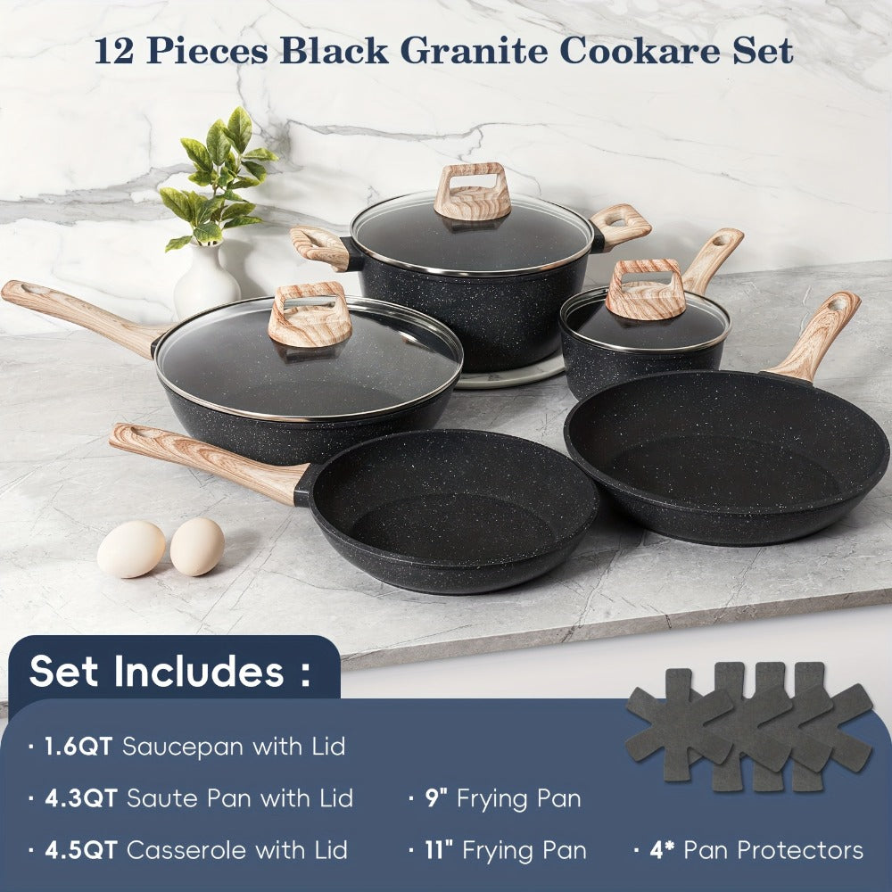 Pots and Pans Set 12-Piece Non-Stick Kitchen Cookware – Complete Cooking Set with Frying Pan | Durable Even-Heating Non-Stick Coating | Available in Black & White | Home Kitchen Essentials