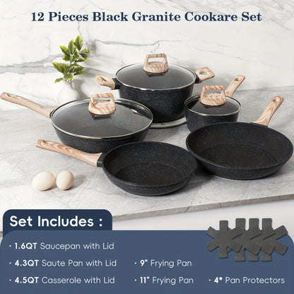 Pots and Pans Set 12-Piece Non-Stick Kitchen Cookware – Complete Cooking Set with Frying Pan | Durable Even-Heating Non-Stick Coating | Available in Black & White | Home Kitchen Essentials