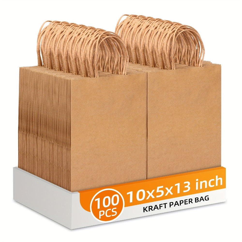 Large Brown Kraft Paper Gift Bags 100-Piece Pack with Handles in 13 x 10 x 5 Inch Size for Gift Wrapping
