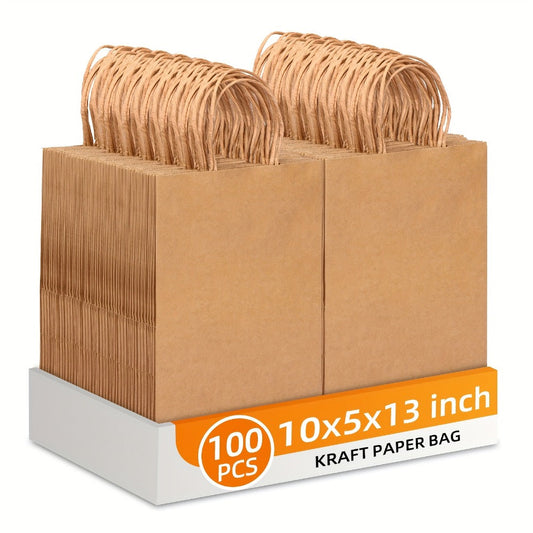 Large Kraft Paper Bags 100pcs 13x10x5 Inch with Handles - 100g Heavy Duty Brown Paper Gift Bags Bulk for Small Business, Shopping, Birthday Party, Wedding, Retail Wrapping & Product Packaging