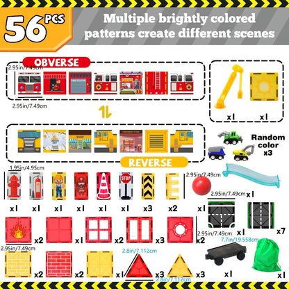 Magnetic Tiles 56-Piece Fire Station Building Set with Road Panels, Crane, Ramps and Vehicle Pieces