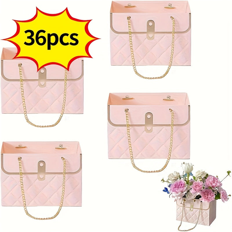 Paper Flower Bouquet Gift Bags with Metal Chain Handles in Black, Pink, White or Mixed Colors, 12–48 Pack Options