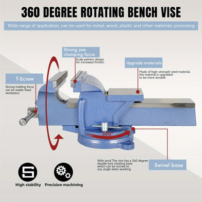 5-Inch Cast Iron Bench Vise with 360-Degree Swivel Base, Pipe Jaws and Anvil for Workshop Clamping
