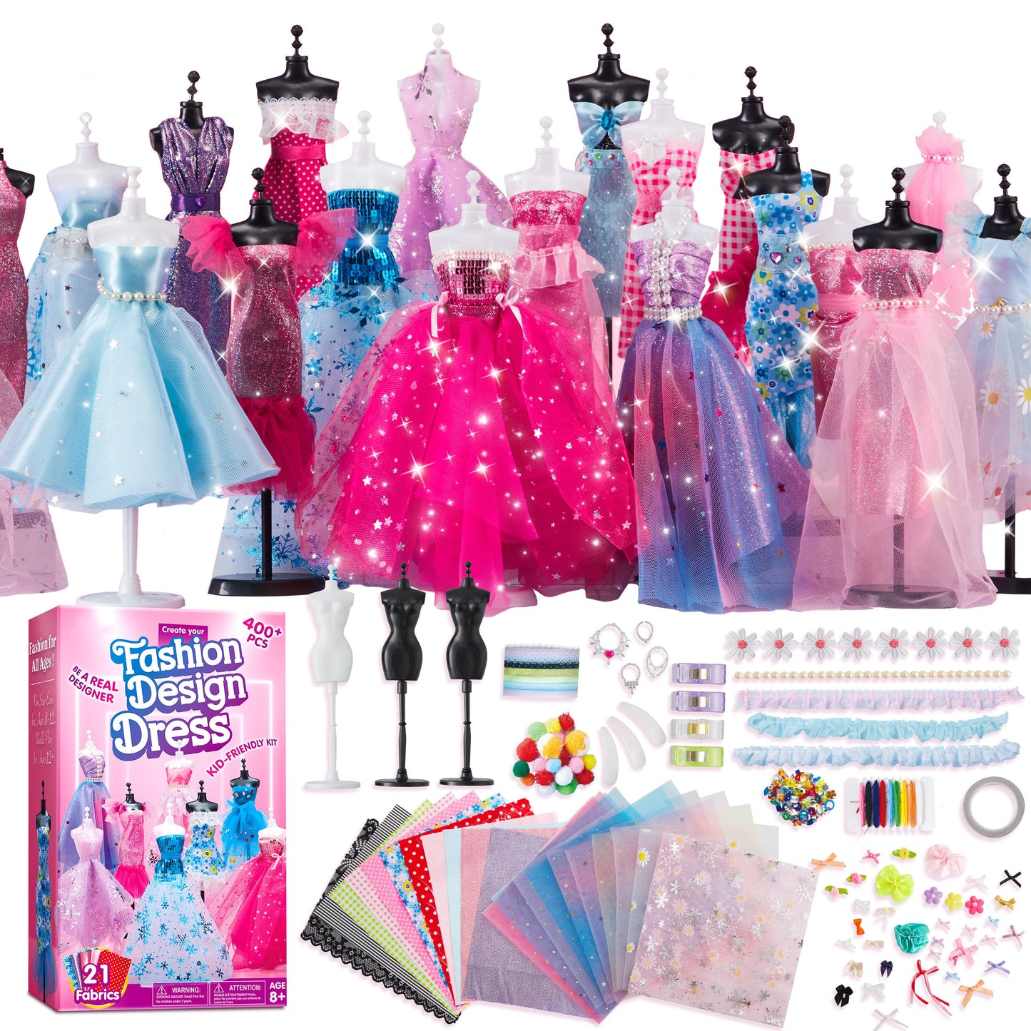 Fashion Design Kit for Girls 400+ Pieces – 3 Mannequins 21 Fabrics Ribbons Trims No-Sew DIY Dress Up Craft Set, Birthday Gift for Aspiring Designers Ages 8 9 10 11 12