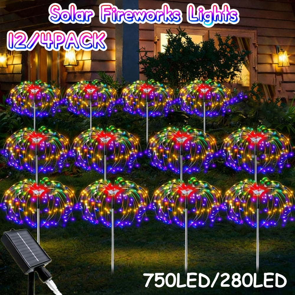Solar Firework Garden Lights Outdoor 12 Pack 750 LED - 8 Modes Waterproof Starburst Stake Lights for Yard, Pathway, Balcony, Christmas & Holiday Decor, Multicolor or White (4-Pack / 12-Pack)