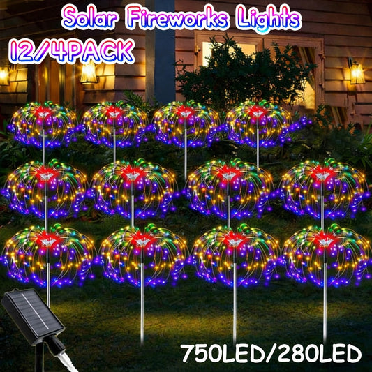 Solar Firework Garden Lights Outdoor 12 Pack 750 LED - 8 Modes Waterproof Starburst Stake Lights for Yard, Pathway, Balcony, Christmas & Holiday Decor, Multicolor or White (4-Pack / 12-Pack)
